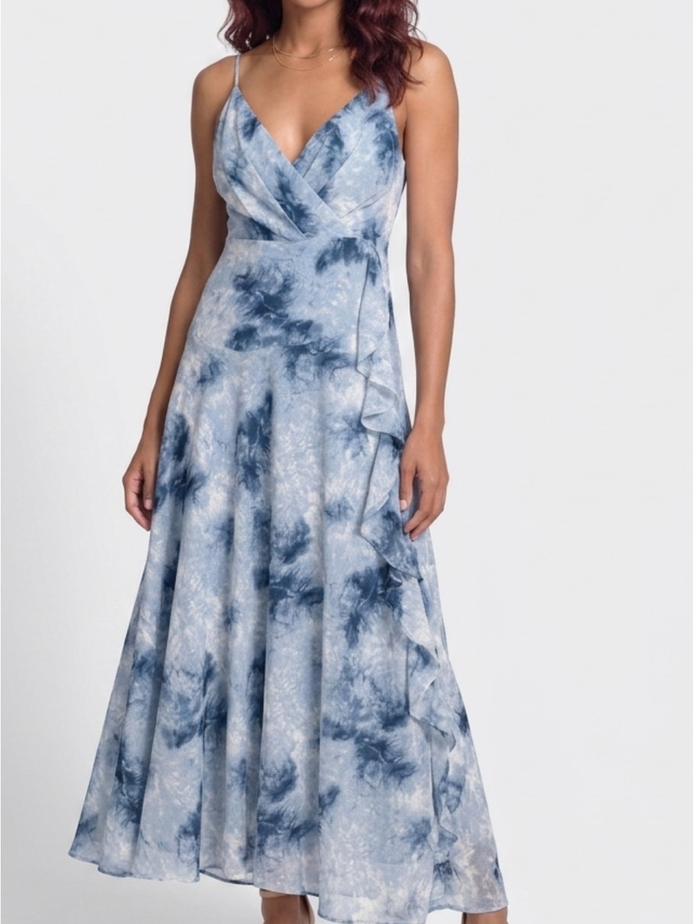 Astr Blue Tie-Dye Maxi Dress with Ruffle Wrap